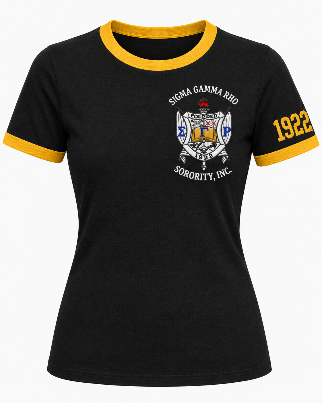 Sigma Gamma Rho embroidered women’s ringer T-shirt in black with gold trim and 1922 sleeve embroidery