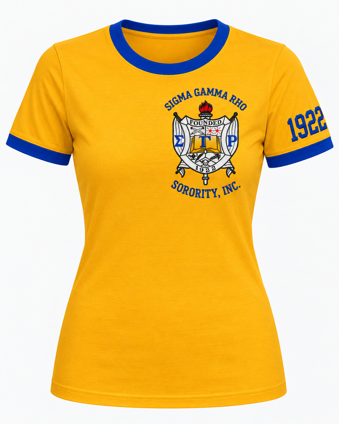 Sigma Gamma Rho embroidered women’s ringer T-shirt in gold with royal blue trim and 1922 sleeve embroidery