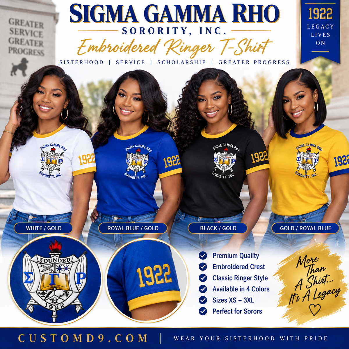 Four Black women modeling Sigma Gamma Rho embroidered ringer T-shirts in white gold, royal blue gold, black gold, and gold royal blue