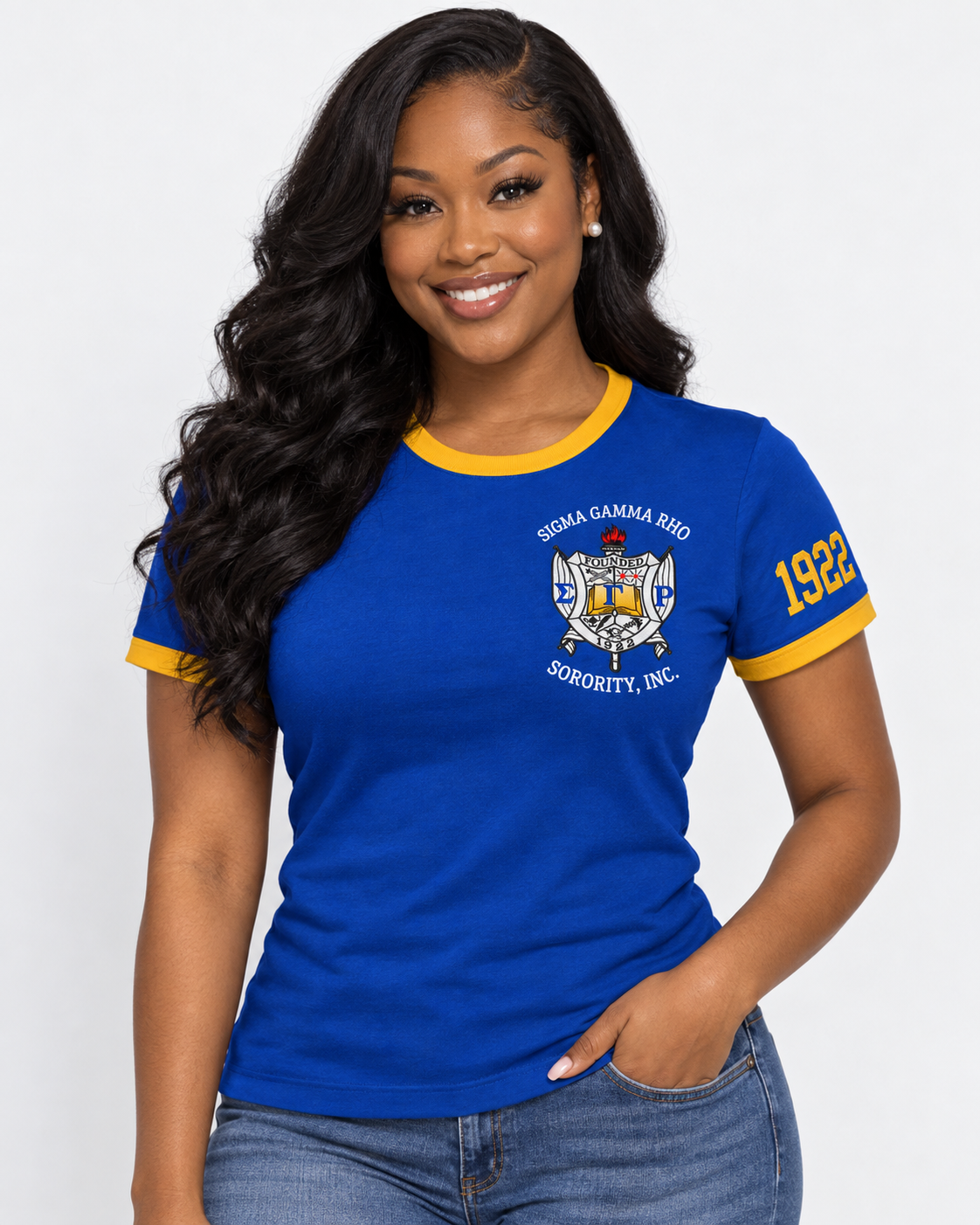 Black woman modeling Sigma Gamma Rho embroidered ringer T-shirt in royal blue with gold trim and 1922 sleeve embroidery