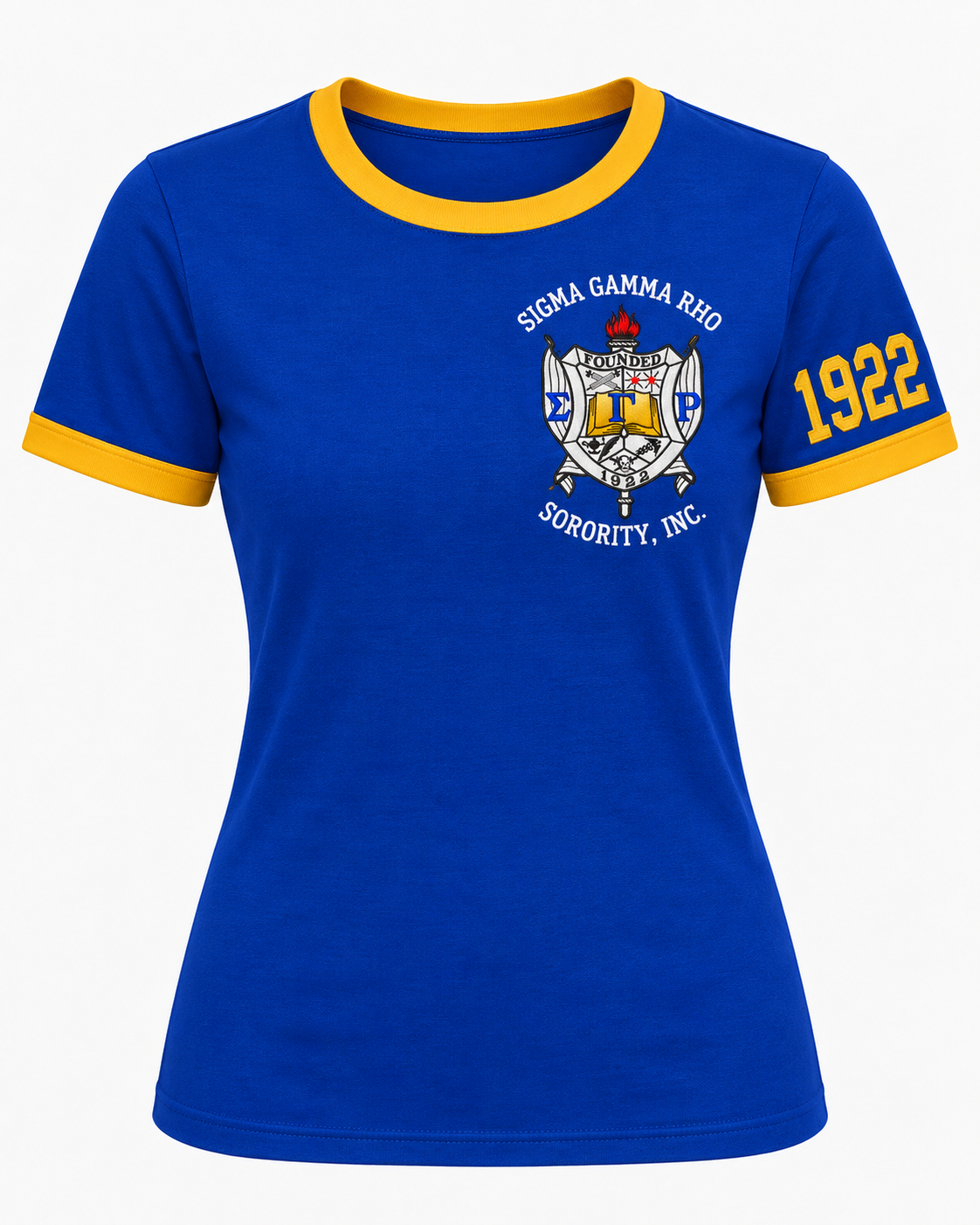 Sigma Gamma Rho embroidered women’s ringer T-shirt in royal blue with gold trim and 1922 sleeve embroidery