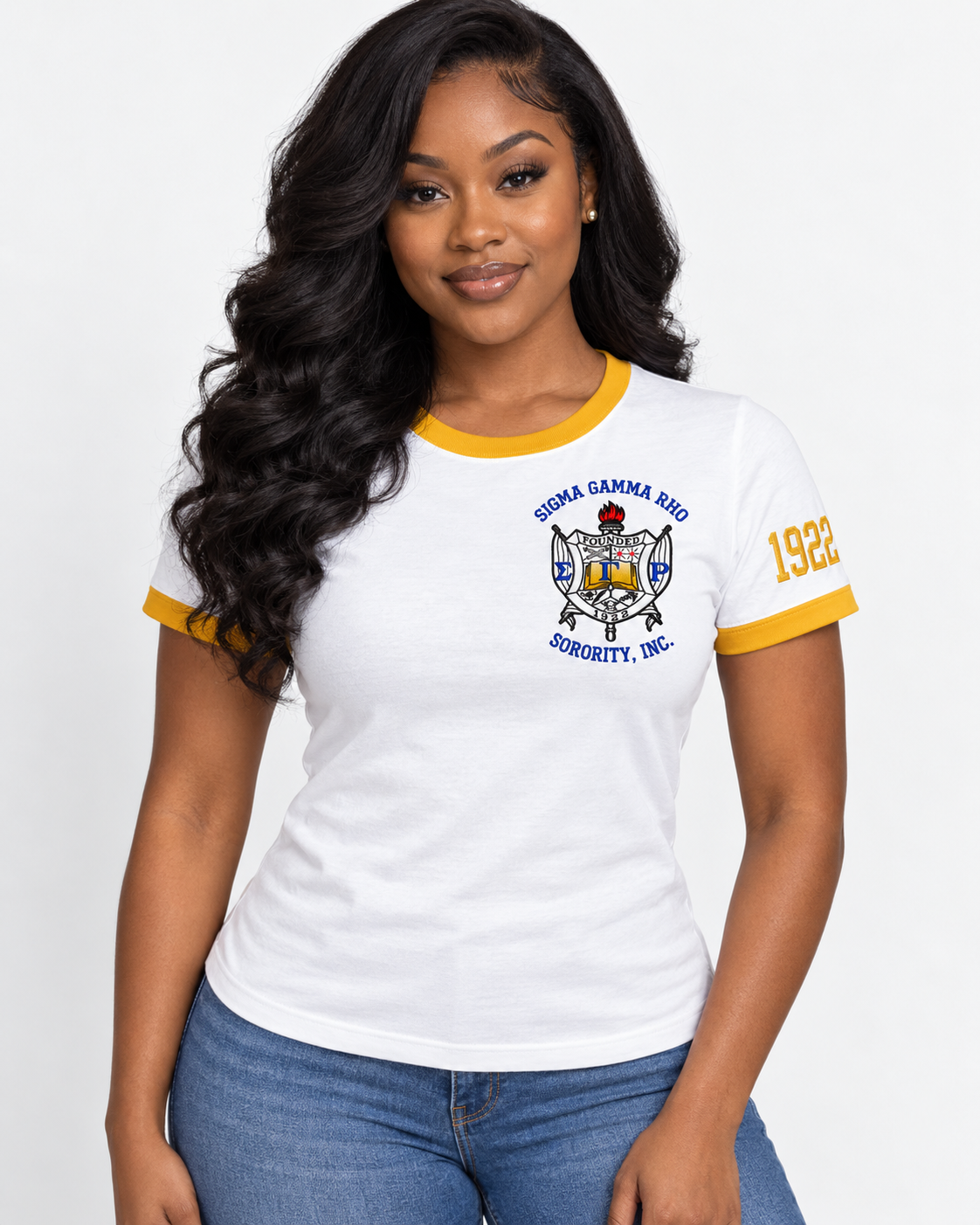 Black woman modeling Sigma Gamma Rho embroidered ringer T-shirt in white with gold trim and 1922 sleeve embroidery