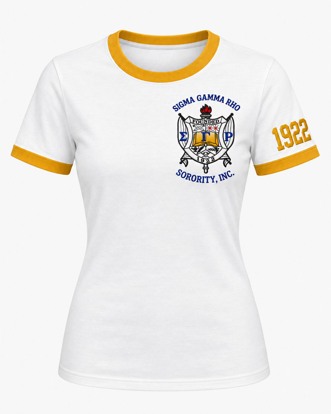 Sigma Gamma Rho embroidered women’s ringer T-shirt in white with gold trim and 1922 sleeve embroidery