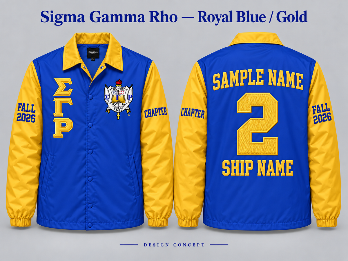 Sigma Gamma Rho Royal Blue body with Gold collar and sleeves contrast line jacket, front and back sample embroidery