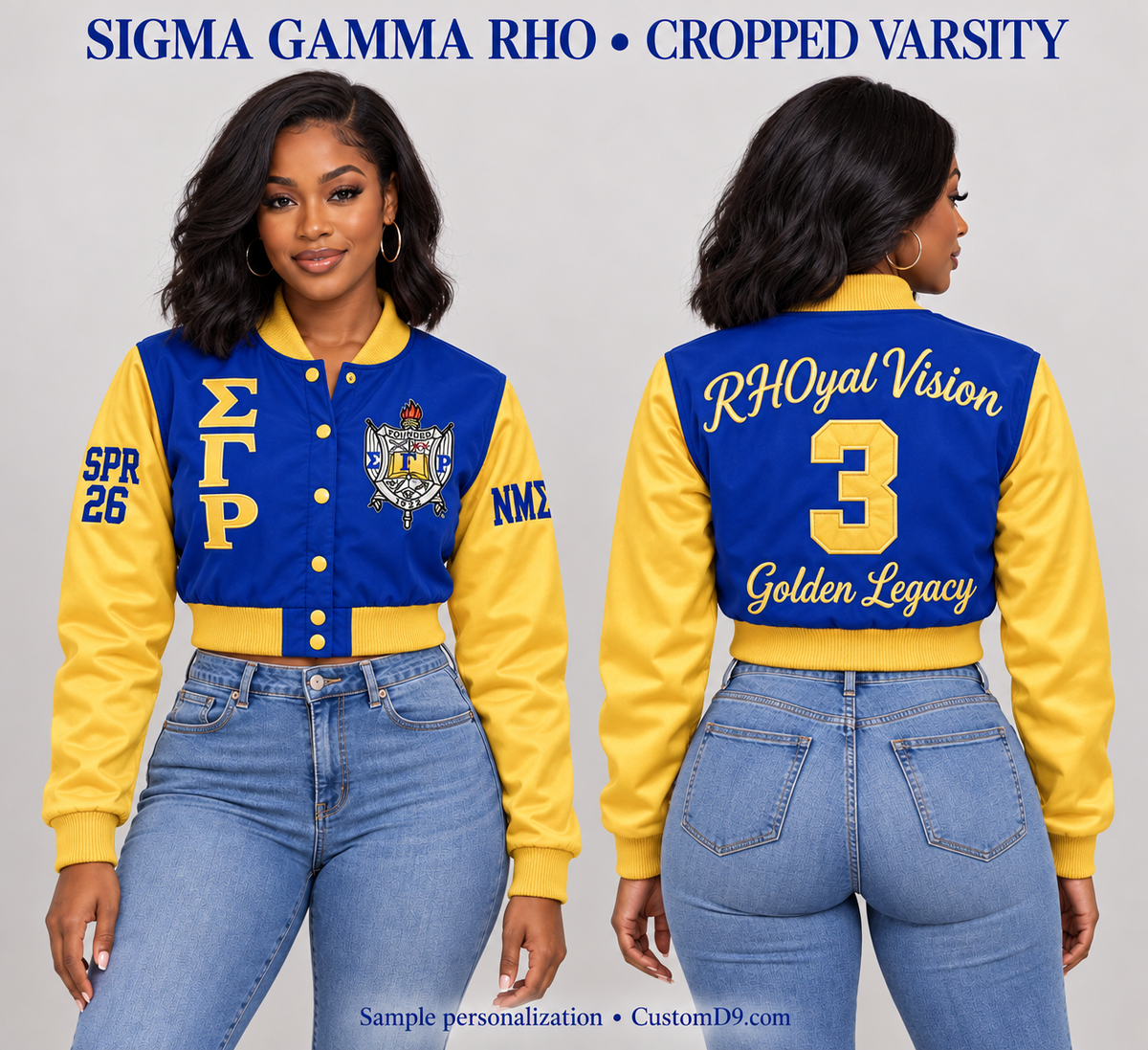 Sigma Gamma Rho cropped satin varsity jacket, Royal Blue body and Gold sleeves, front and back model views of optional personalization