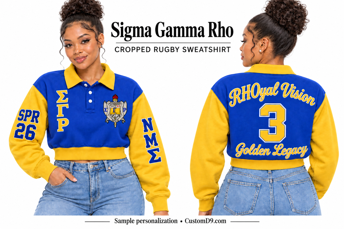 Sigma Gamma Rho Royal Blue & Gold Cropped Rugby Sweatshirt, front and back model views with optional crest, Greek letters and sample sleeve and back personalization