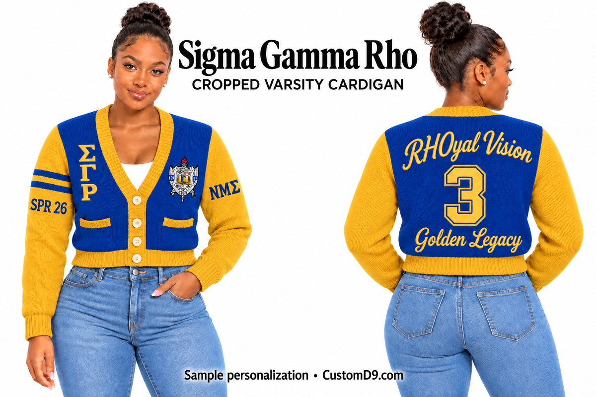 Sigma Gamma Rho royal blue & gold Cropped Varsity Cardigan on model, front and back showing optional crest, Greek letters and sample personalization