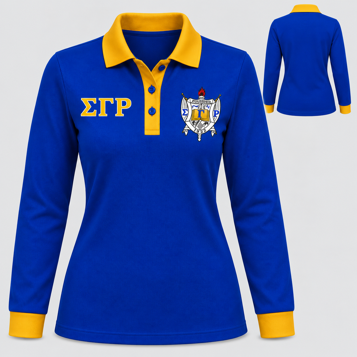 Sigma Gamma Rho royal blue body gold collar placket and cuffs long sleeve contrast polo front and back