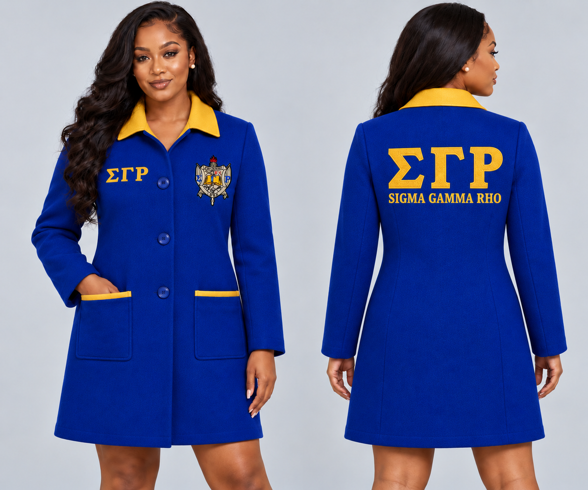 Black woman modeling Sigma Gamma Rho royal blue and gold fitted premium wool blend coat with chenille Greek letters and embroidered crest, front and back views.