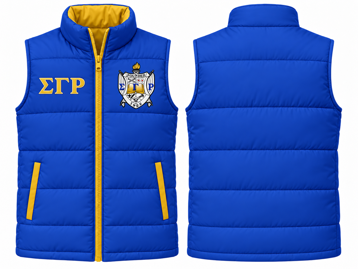 Sigma Gamma Rho royal blue and gold custom embroidered puffer vest front and back