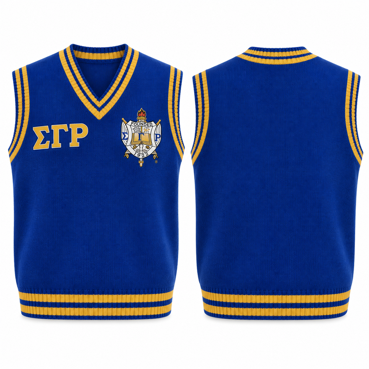 Sigma Gamma Rho royal blue and gold varsity sweater vest front and back