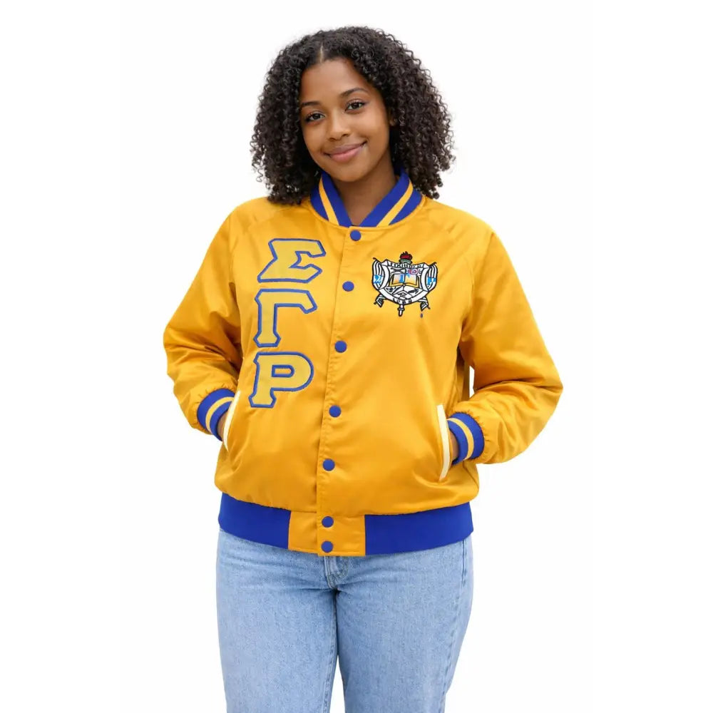 Custom Custom Sigma Gamma Rho Satin Bomber Jacket: Custom Greek Sorority Apparel | Custom D9 personalized Greek apparel design