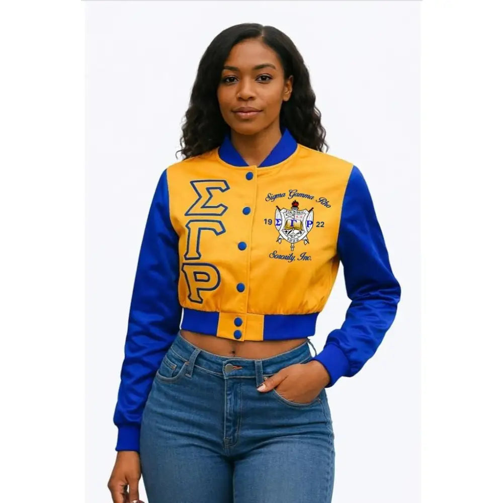 Custom Custom Sigma Gamma Rho Satin Crop Jacket: Blue & Gold Sorority Bomber, Personalized Greek Apparel | Custom D9 personalized Greek apparel design
