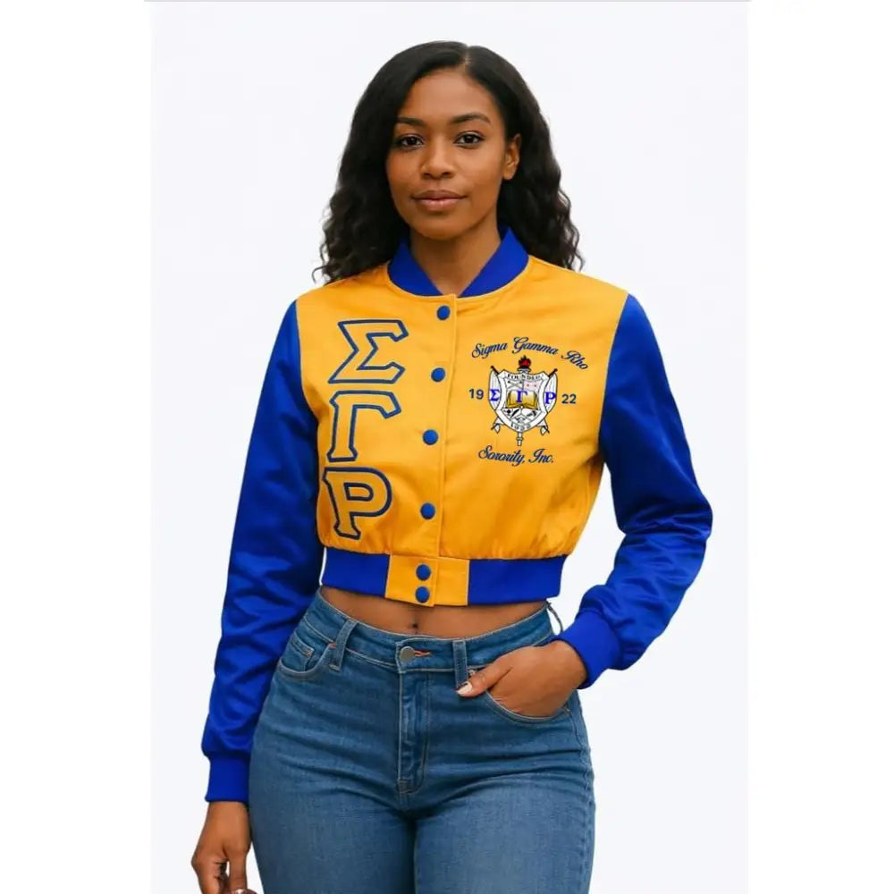 Custom Custom Sigma Gamma Rho Satin Crop Jacket: Blue & Gold Sorority Bomber, Personalized Greek Apparel | Custom D9 personalized Greek apparel design