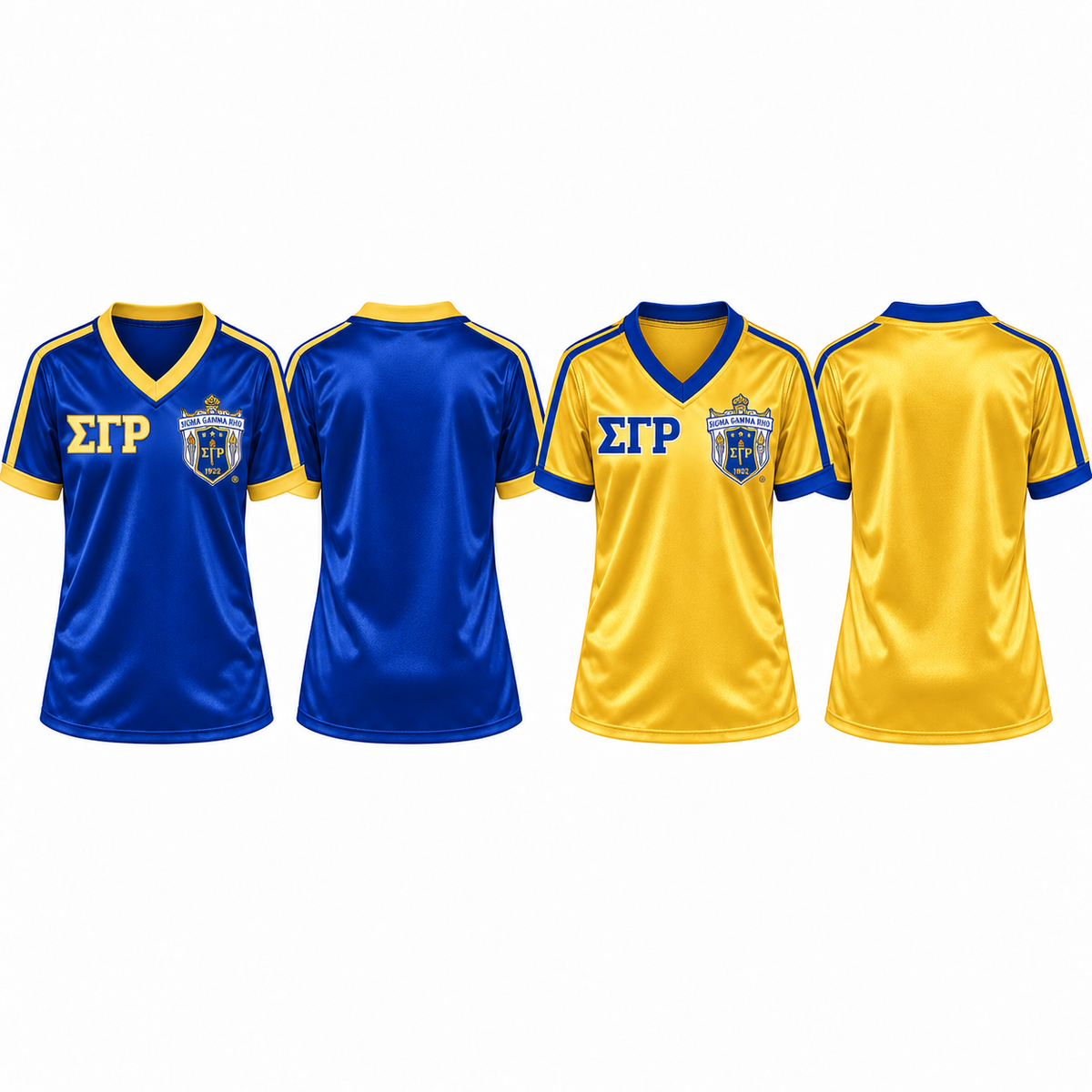 Sigma Gamma Rho royal blue and gold satin football jersey colorways front and back
