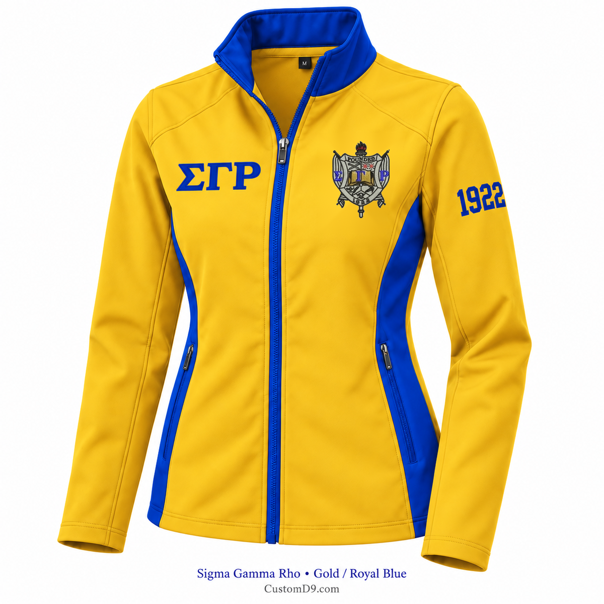 Sigma Gamma Rho Custom Softshell Jacket – Gold / Royal Blue; original crest artwork, Greek letters and founding year customization example