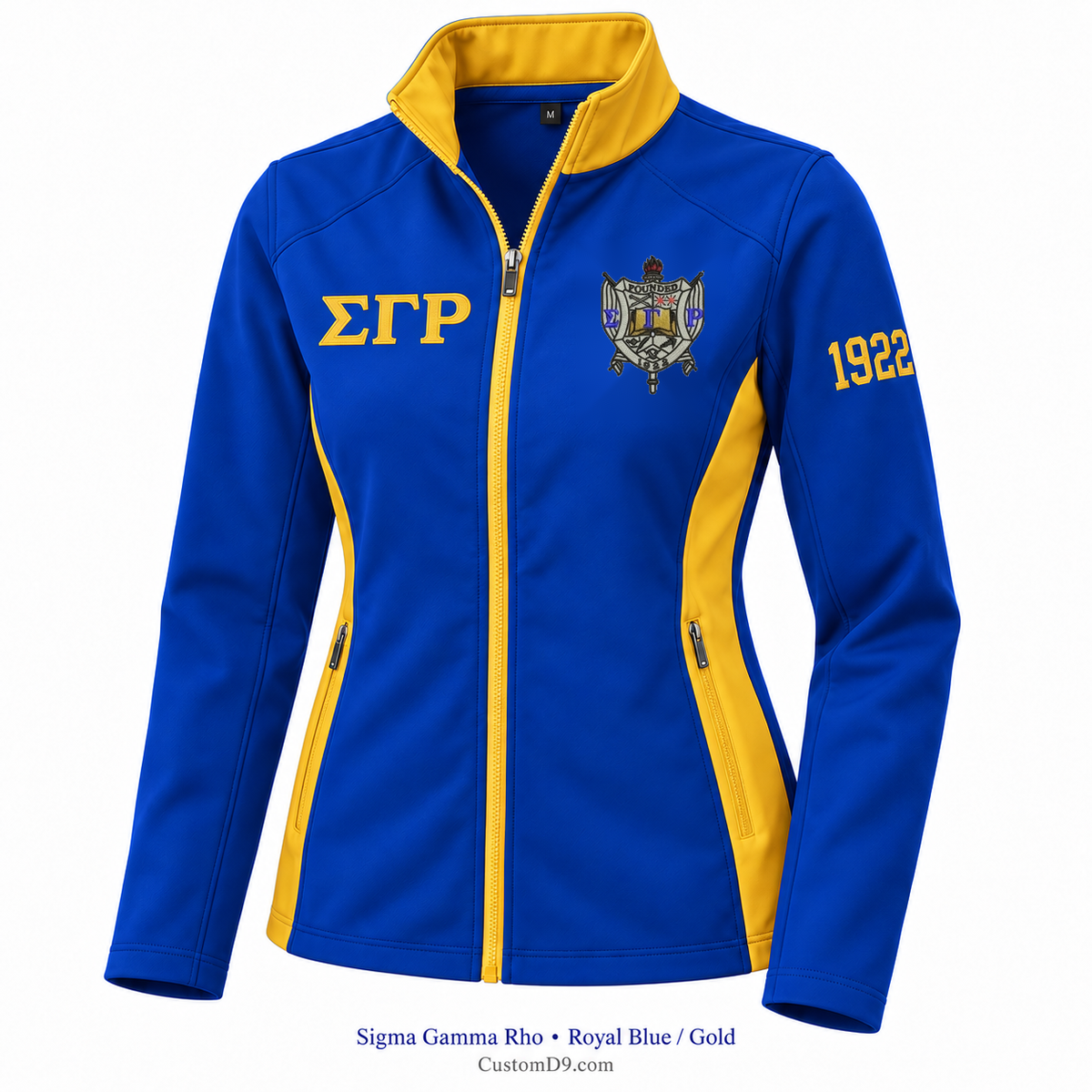 Sigma Gamma Rho Custom Softshell Jacket – Royal Blue / Gold; original crest artwork, Greek letters and founding year customization example