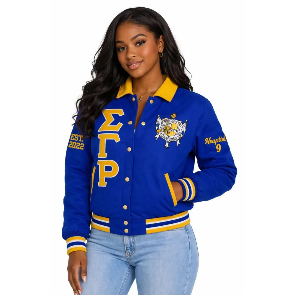 Custom Custom Sigma Gamma Rho Varsity Jacket Women, Custom Line Jacket Crossing Jacket, Personalized Sorority Jacket Blue Gold Custom Sorority Apparel | Custom D9 personalized Greek apparel design