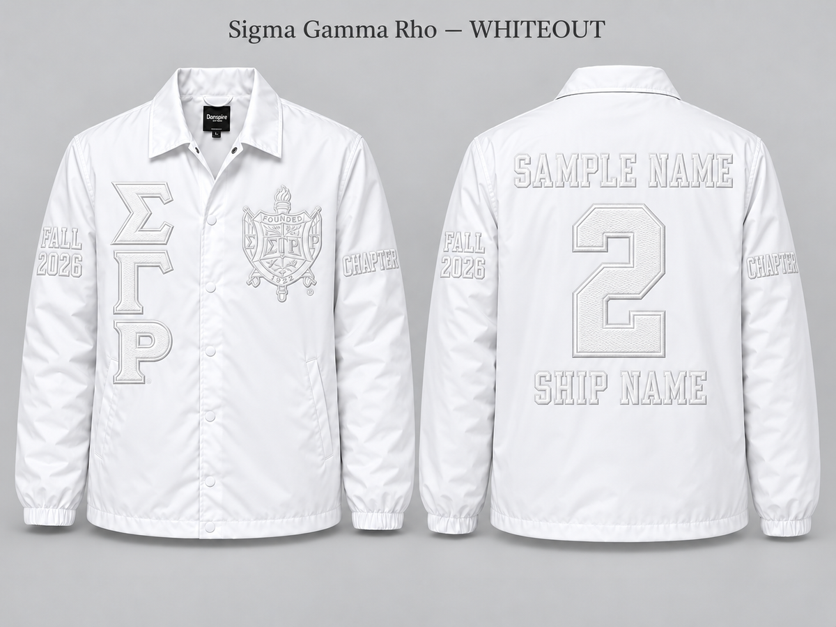 Sigma Gamma Rho Whiteout line jacket with sample front back and sleeve embroidery