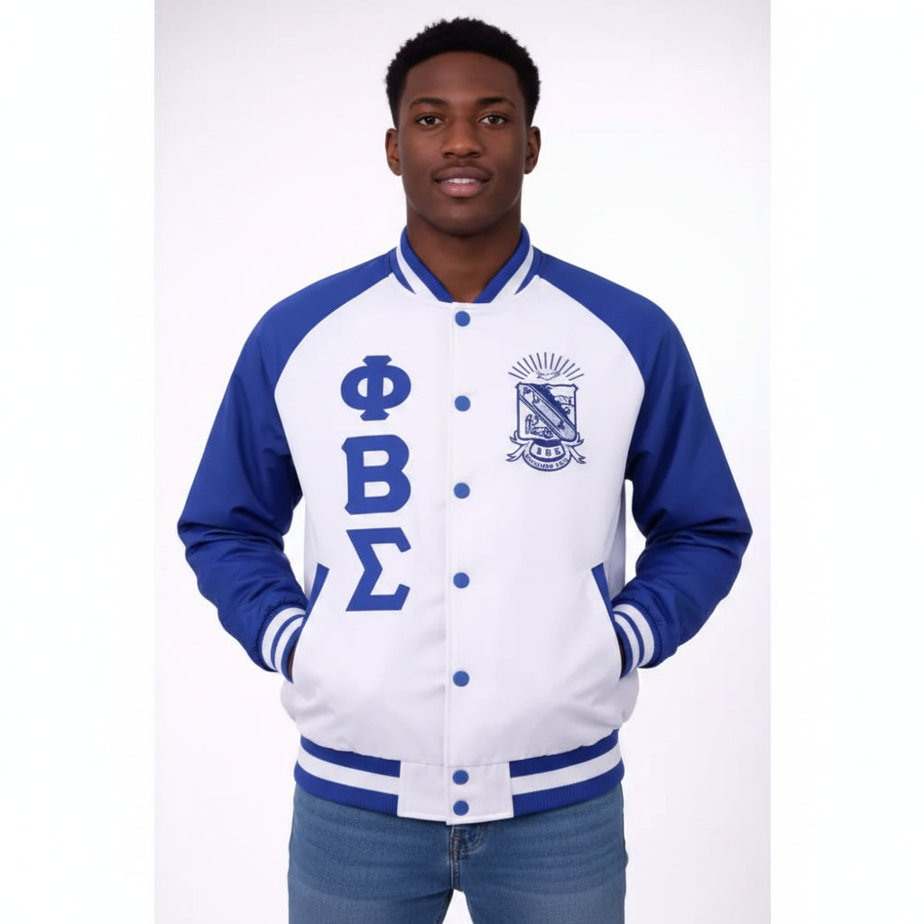 Custom Phi Beta Sigma Satin Bomber Jacket front view with personalized royal blue and white design