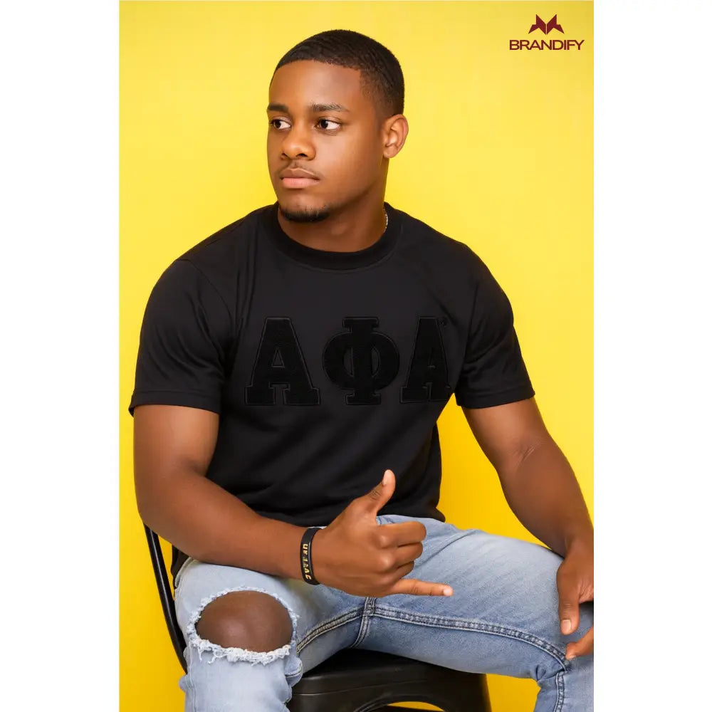 Custom Custom Solid Black ΑΦΑ Chenille Tee | Custom D9 personalized Greek apparel design