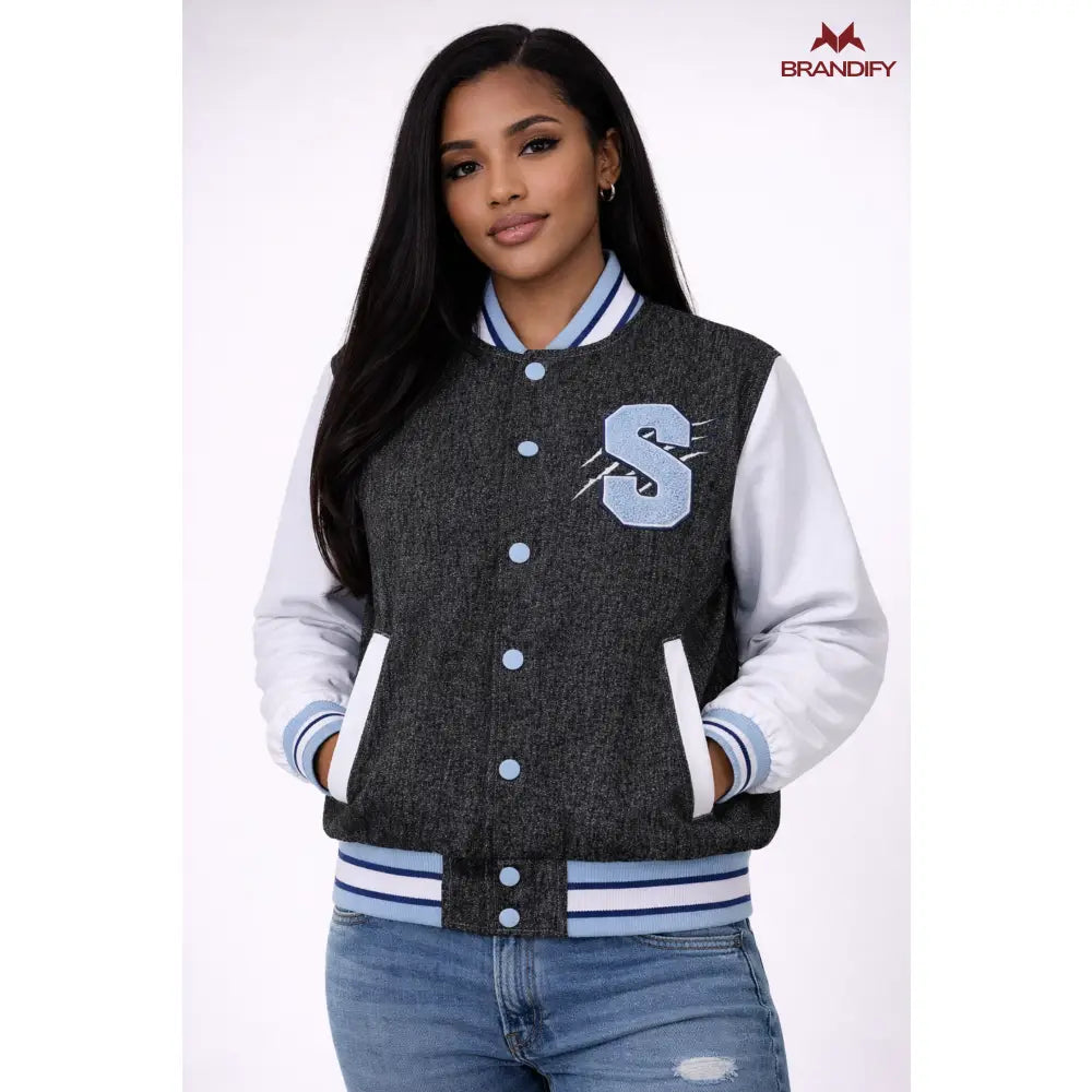 Custom Custom Spelman Black  Denim Bomber Jacket | Custom D9 personalized Greek apparel design