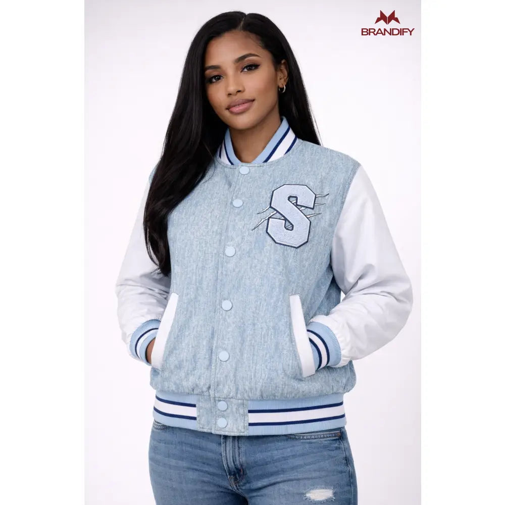 Custom Custom Spelman Denim Bomber Jacket | Custom D9 personalized Greek apparel design