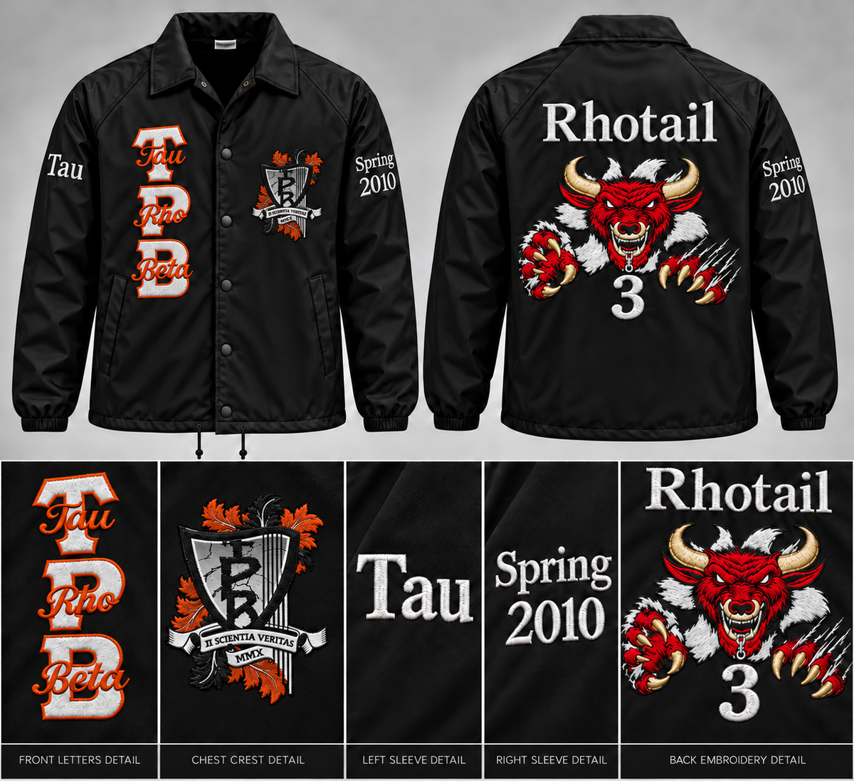 Tau Rho Beta Rhotail custom embroidered black line jacket with front back and sleeve details