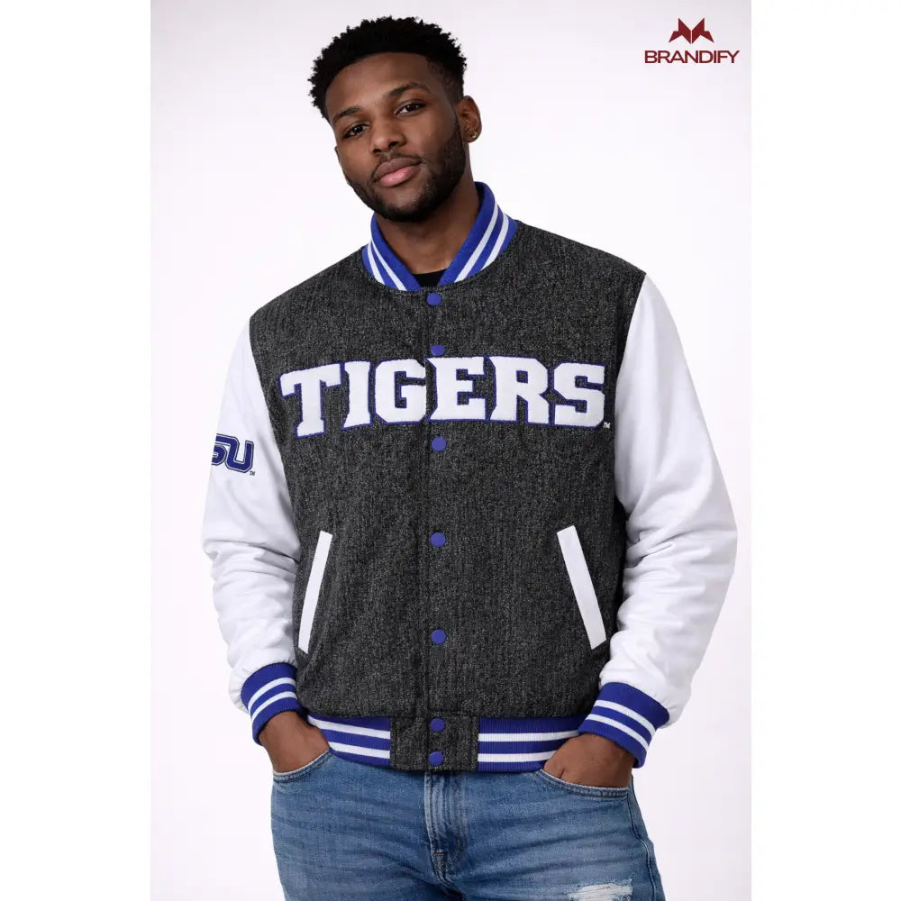 Custom Custom Tennessee State University Black Denim Bomber Jacket | Custom D9 personalized Greek apparel design