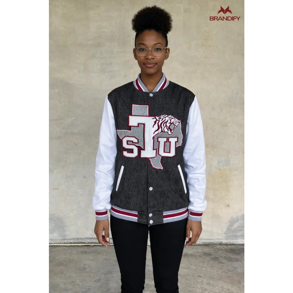 Custom Custom Texas Southern Black Denim Bomber Jacket | Custom D9 personalized Greek apparel design