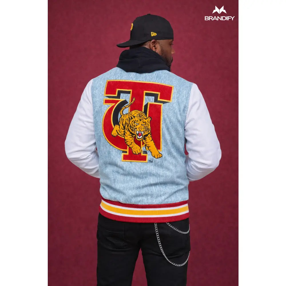 Custom Custom Tuskegee University Denim Bomber Jacket | Custom D9 personalized Greek apparel design