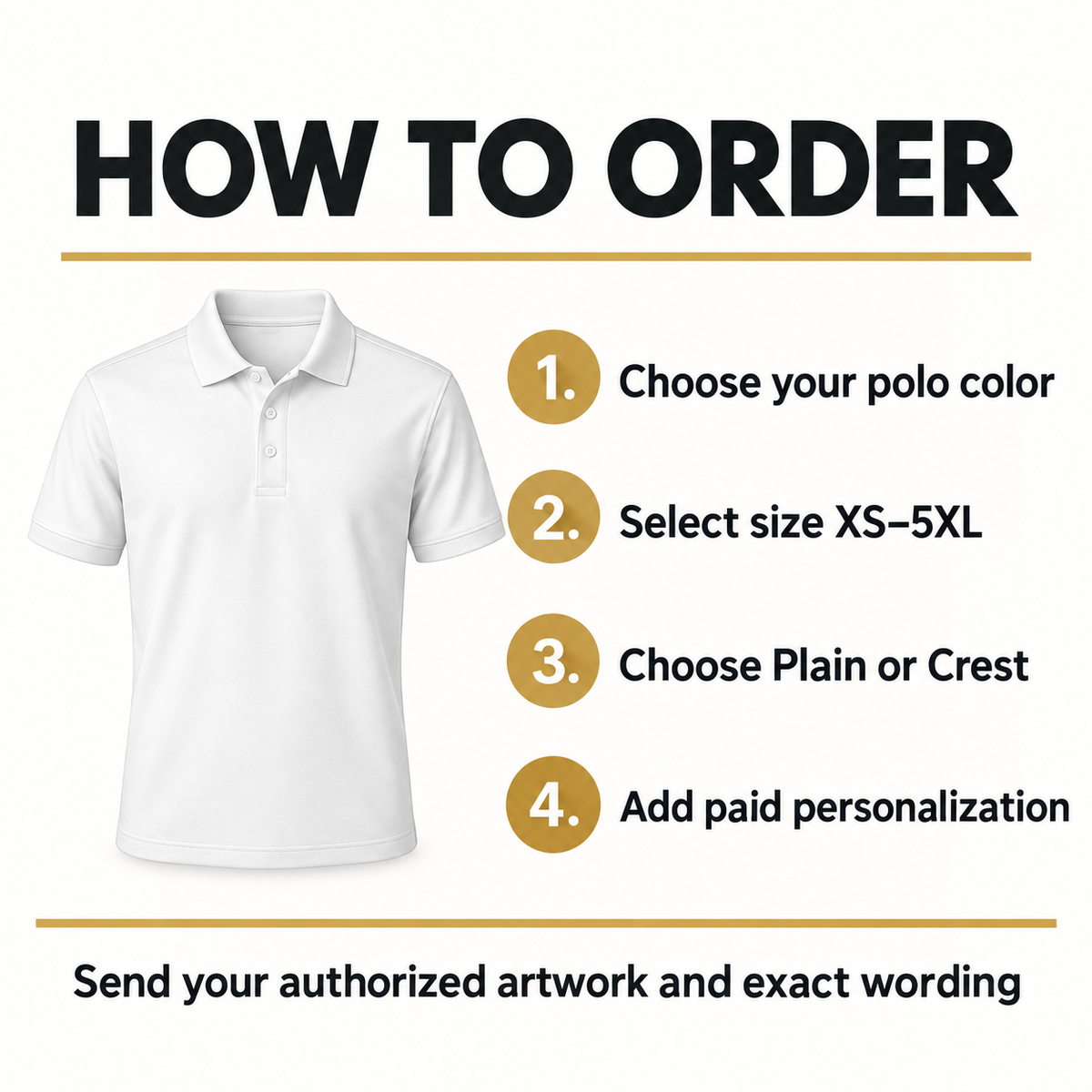 How to order a custom polo: color, size, Plain or Crest, paid personalization