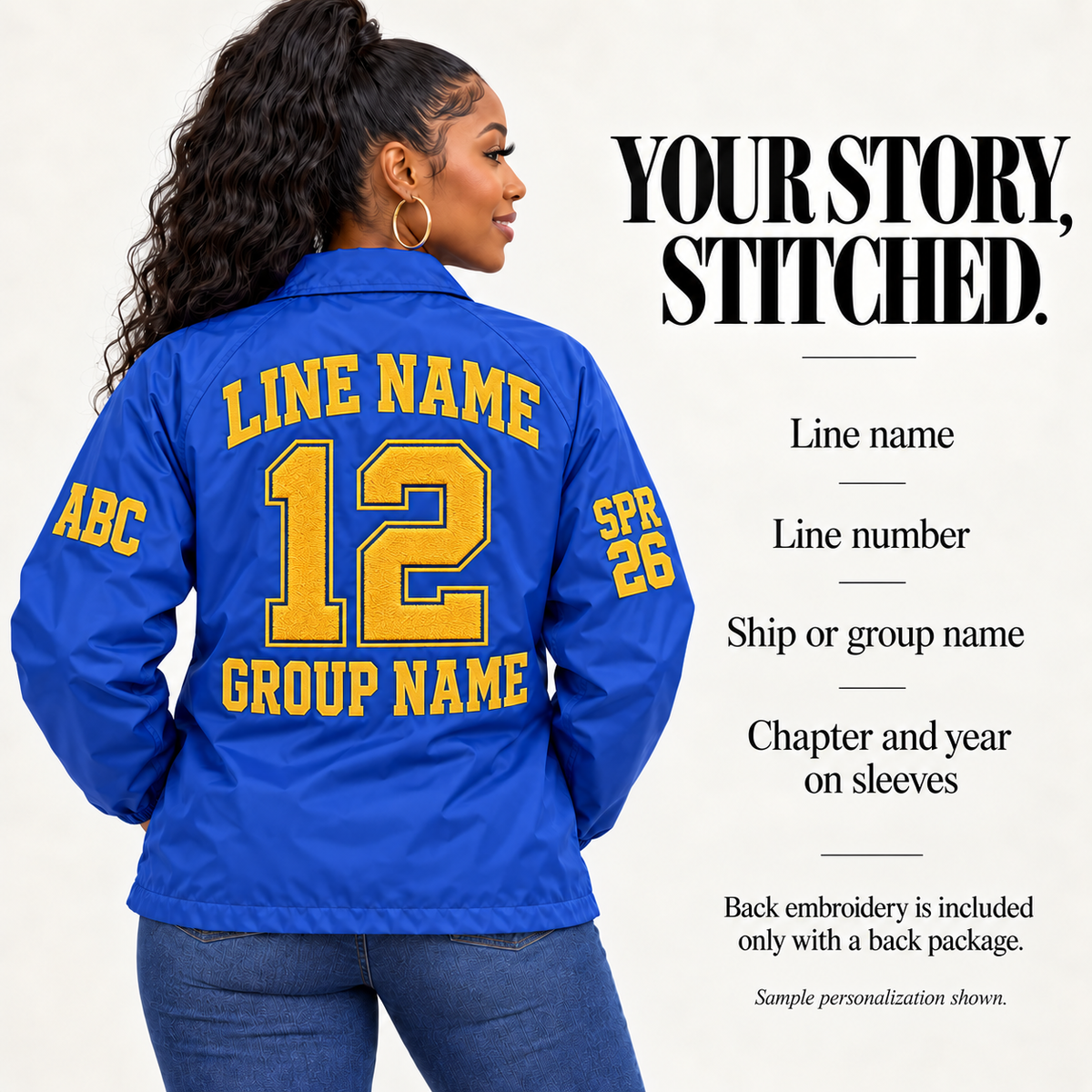 Custom nylon line jacket back personalization example with generic sample artwork