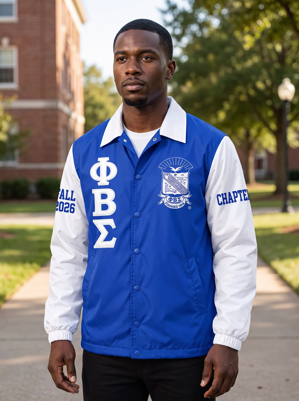 Phi Beta Sigma royal blue and white contrast line jacket model image