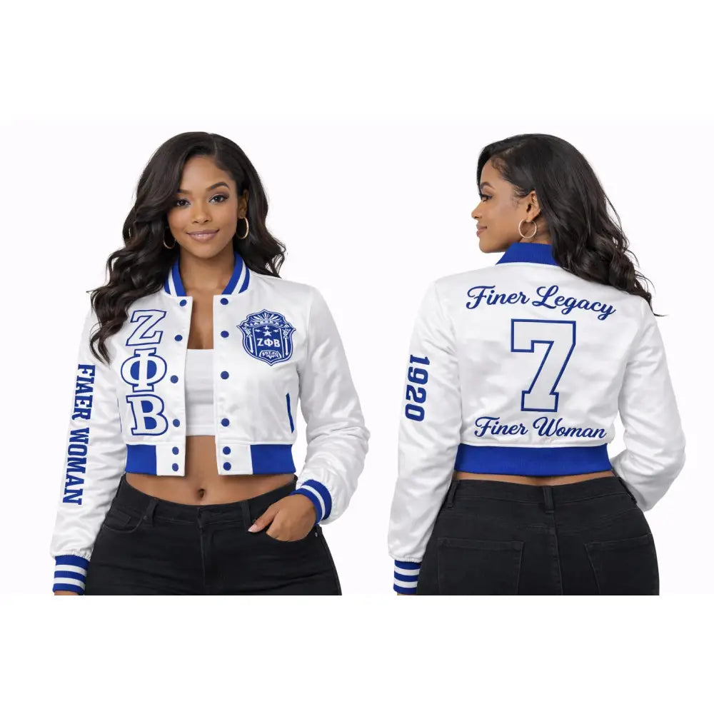Custom Custom White Zeta Phi Beta Cropped Satin Jacket Crop Bomber Jacket Personalized with Line Name Number & Year, Finer Woman Discount for Chapter | Custom D9 personalized Greek apparel design