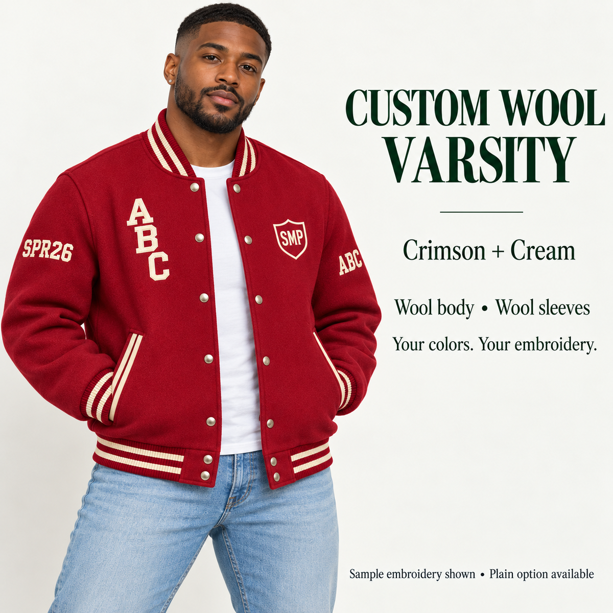 Man wearing Crimson wool body and wool sleeve varsity jacket with Cream sample embroidery