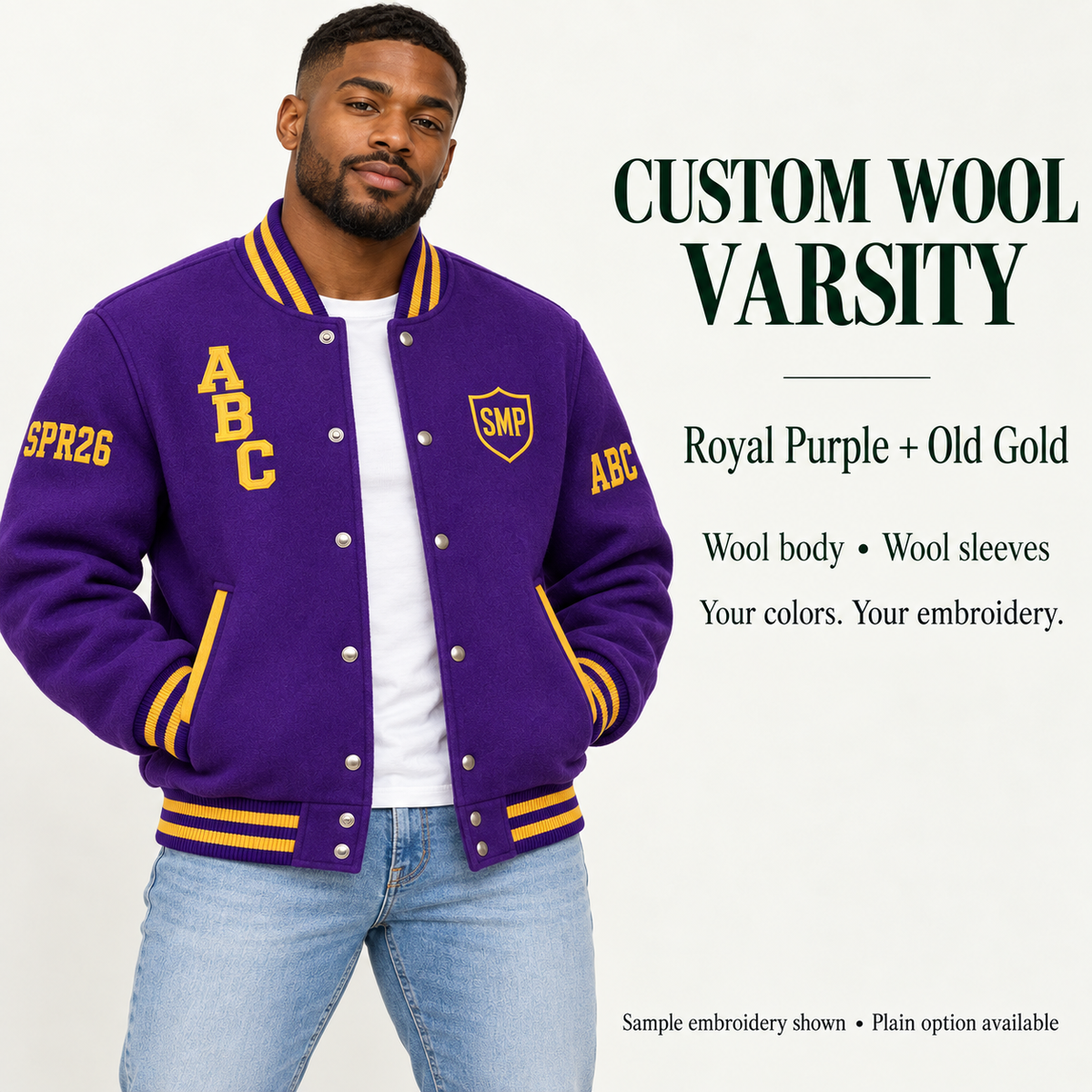 Man wearing Royal Purple wool body and wool sleeve varsity jacket with Old Gold sample embroidery