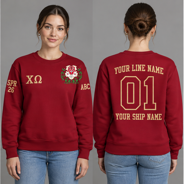Chi Omega Cardinal crewneck sweatshirt on an adult model, Straw Greek letters ΧΩ, original supplied crest, sample line name, line number 01 and ship name, right sleeve SPR 26 and left sleeve ABC.