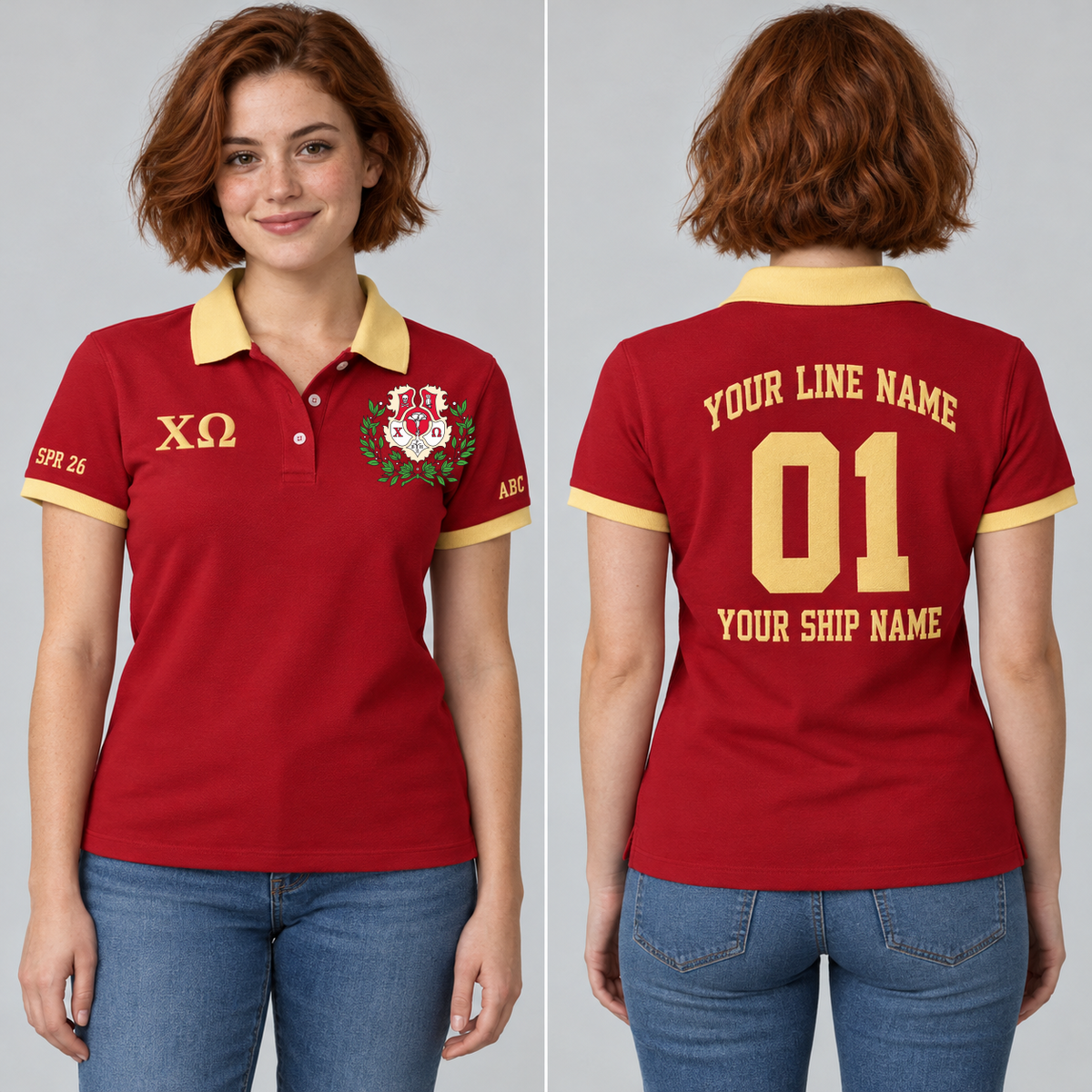 Chi Omega cardinal and straw chapter polo on adult model, original supplied crest and ΧΩ letters, sample line name, number 01, ship name, crossing year and chapter initials.
