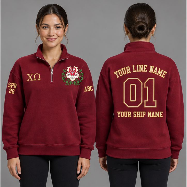 Chi Omega Cardinal and Straw personalized quarter-zip sweatshirt on an adult model, original supplied crest and ΧΩ letters, sample line name, line number01, ship name, crossing year and chapter initials.