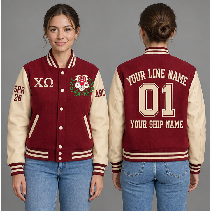 Chi Omega Cardinal and Straw personalized wool varsity jacket on an adult model, original supplied crest and ΧΩ letters, sample line name, line number 01, ship name, crossing year and chapter initials.