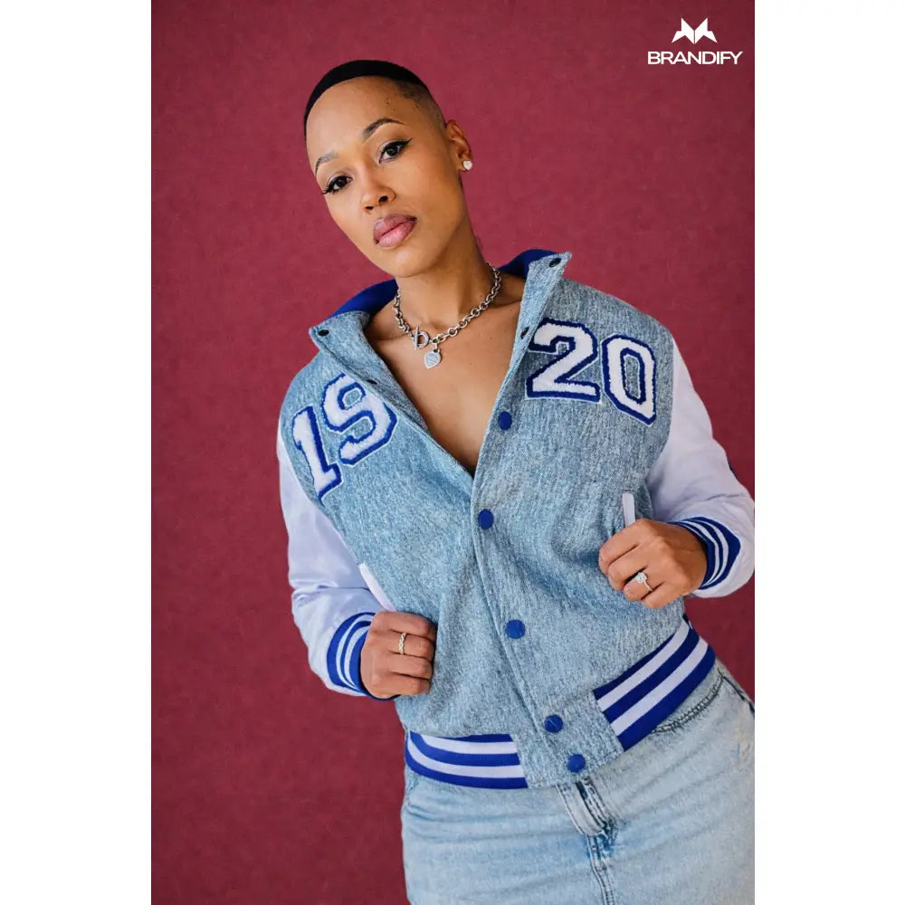 Custom Custom Zeta 1920 Denim Bomber Jacket | Custom D9 personalized Greek apparel design