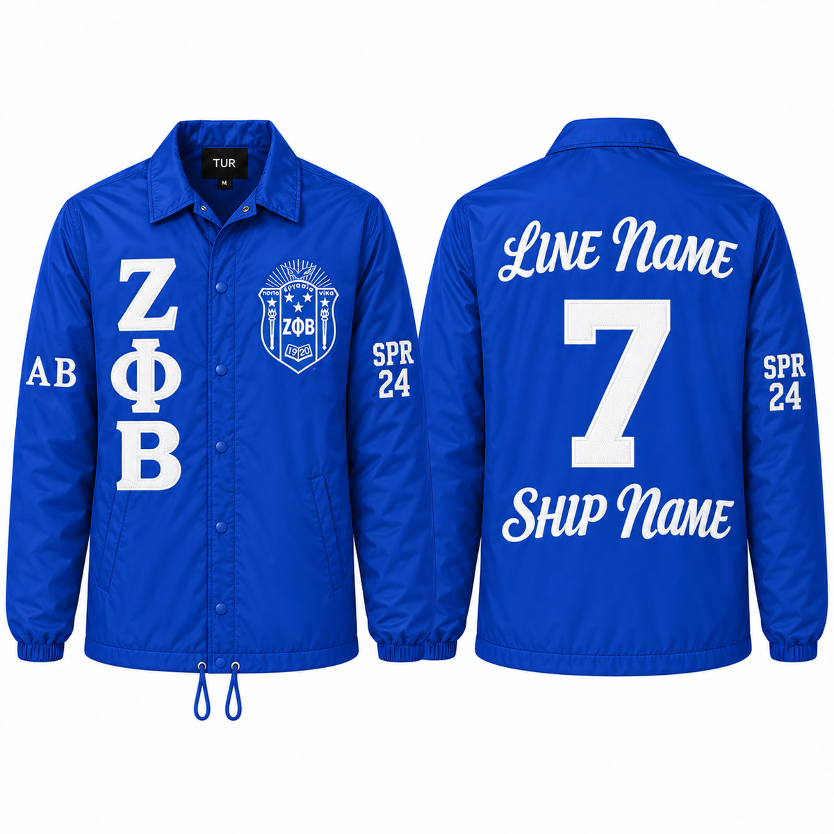 Zeta Phi Beta royal blue custom line jacket front and back with crest, letters, line name, number, ship name and sleeve details