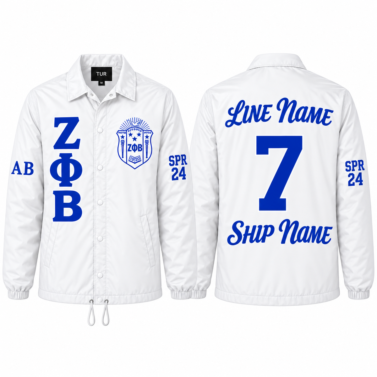 Zeta Phi Beta white custom line jacket front and back