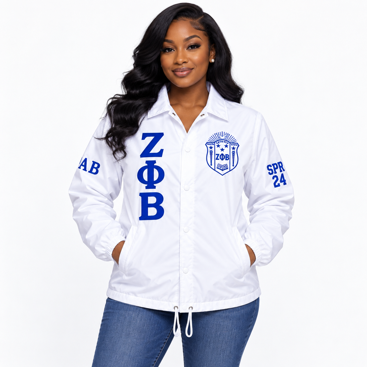 Model wearing royal blue Zeta Phi Beta custom line jacket front