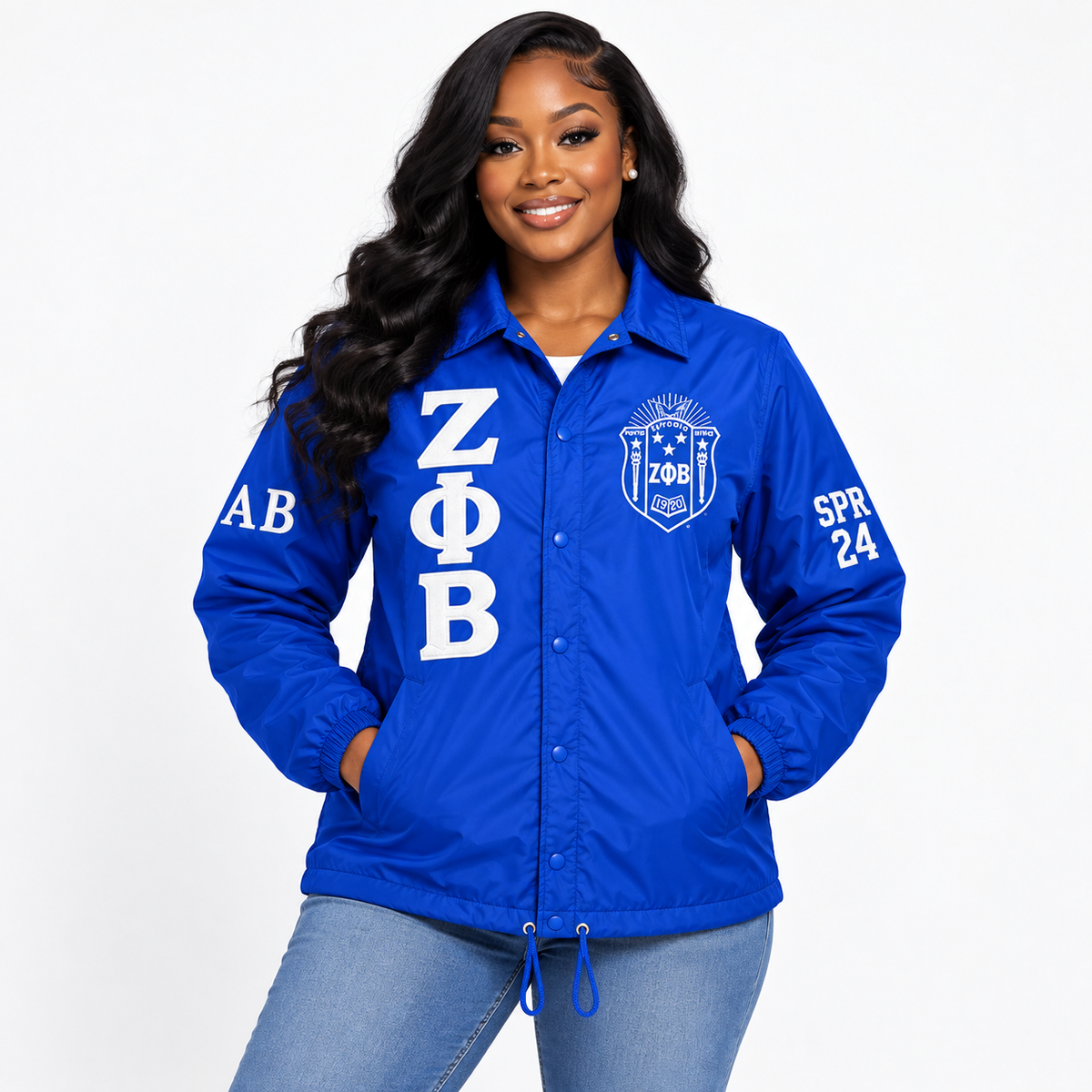 Model wearing royal blue Zeta Phi Beta custom line jacket back