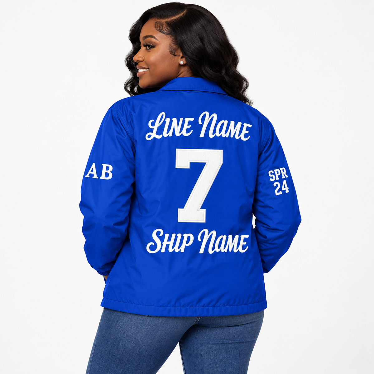 Model wearing white Zeta Phi Beta custom line jacket front