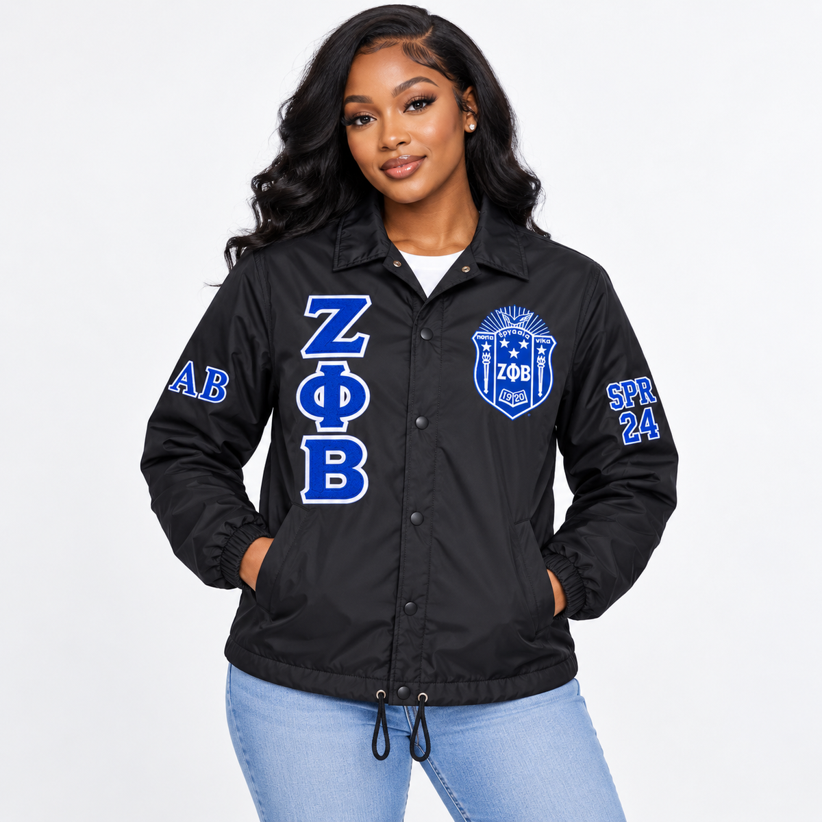 Model wearing black Zeta Phi Beta custom line jacket front