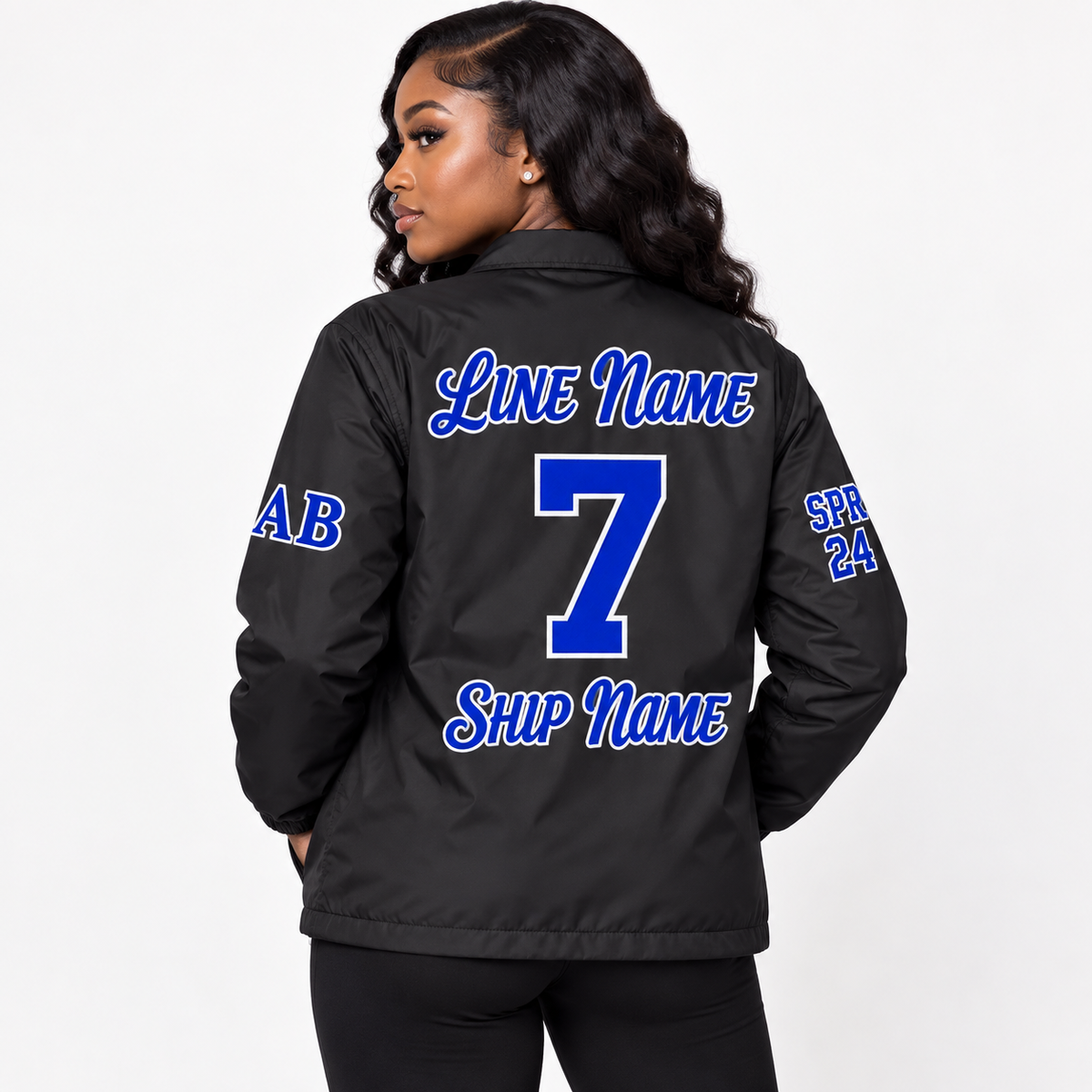 Model wearing black Zeta Phi Beta custom line jacket back