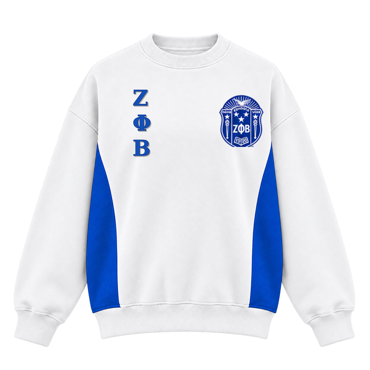 Zeta Phi Beta heavyweight boxy crewneck sweatshirt in white and royal blue with exact crest and stacked Greek letters